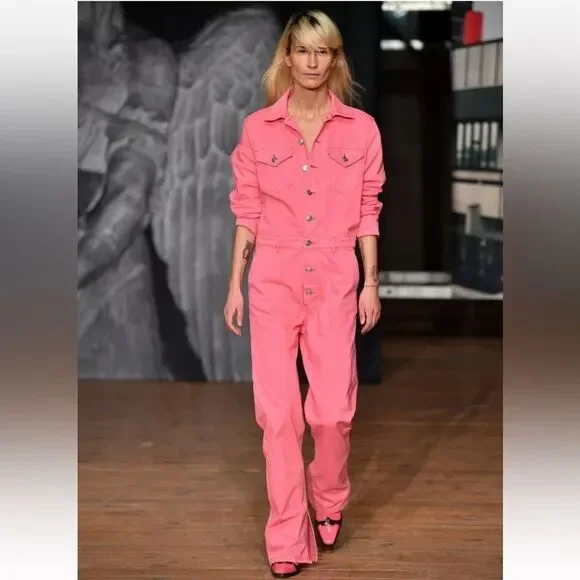 Ganni Pink Jumpsuit Boilersuit Cotton Denim Size 2